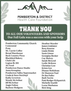 Thank you poster form the Fall Gala, listing all the names of the volunteers and sponsors